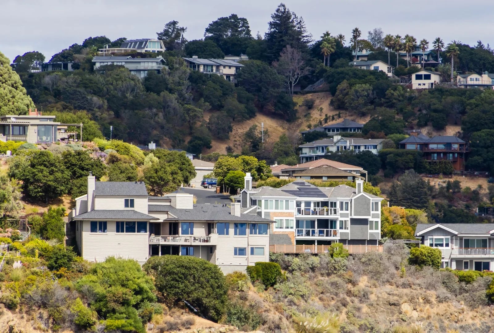 A picturesque view of modern houses on a hillside surrounded by lush greenery, showcasing urban residential architecture.